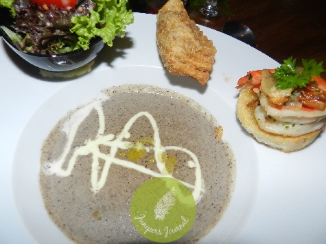 Mushroom Soup with Mushroom Salad, Otak Otak Dumpling and Garlic Prawn