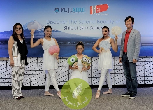 Tan Poh Ai, Chief Executive Officer of Fujiaire (M) Sales and Service Sdn. Bhd and Chuljin Yoon, Chief Operating Officer of 11street posing with contemporary dancers at the launch of the Fujiaire Shibui Skin Series on 11street 