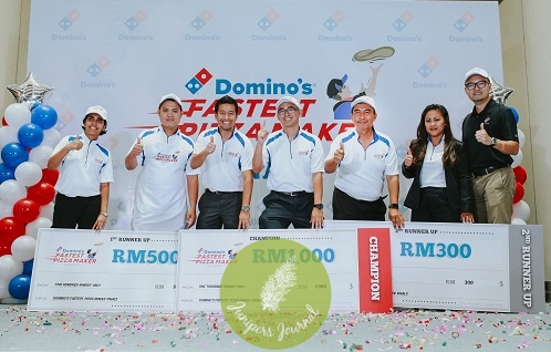 *[From Left to Right]* Uzma Ilyas Chaudhry, Training and Standards Consultant, Domino’s Pizza Asia Pacific; 1st runner-up Fadzwanli Bin Mohd, full time pizza maker; Shamsul Amree, Senior General Manager, Operations, Domino’s Pizza Malaysia and Singapore; Champion, Abdillah Abdul Shukor, Domino’s Pizza’s Country Operations Manager; 2nd runner-up Zuliskandariah Bin Khalid, District Manager; Linda Hassan, General Manager, Marketing, Domino's Pizza Malaysia and Singapore; and Desmond Wong, International Business Consultant, Domino's Pizza Asia Pacific, at Domino’s Pizza Fastest Pizza Maker Competition 2017 held in Kuala Lumpur