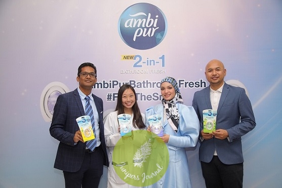 Nantha Kumaran Kalimuthu, Commercial Director of P&G Malaysia; Dr Rebecca Kan, Scientific Communications Lead for P&G Asia Pacific; Amyra Rosli, Malaysian Actress; Hafiz Hatim, Emcee and FLYFM DJ at the official launch of Ambi Pur Bathroom Fresh at Mydin USJ