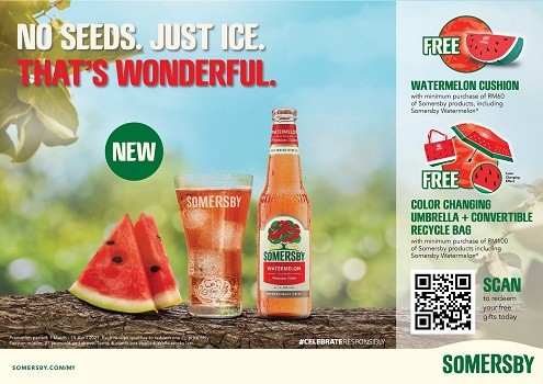 From March onwards, redeem a Somersby Watermelon cushion, a 21-inch colour-changing Somerby Umbrella that also makes a convertible recyclable bag, or stand to win an iPhone 12 for your Somersby purchases