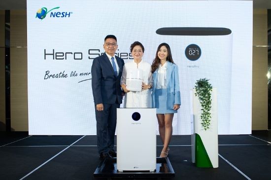 (from left) Research and Development Director of NESH and iTazzo, Mr Soh Tian Ee, Managing Director of NESH and iTazzo, Ms Soh Yok Kim and NESH Activator, Ms Glanes Goh launch the NESH Hero Air Purifier series