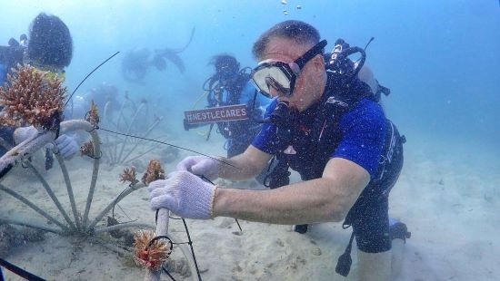 Juan Aranols, Chief Executive Officer of Nestlé (Malaysia) Berhad, planting corals in Pulau Mabul, Sabah, together with Nestlé Cares volunteers